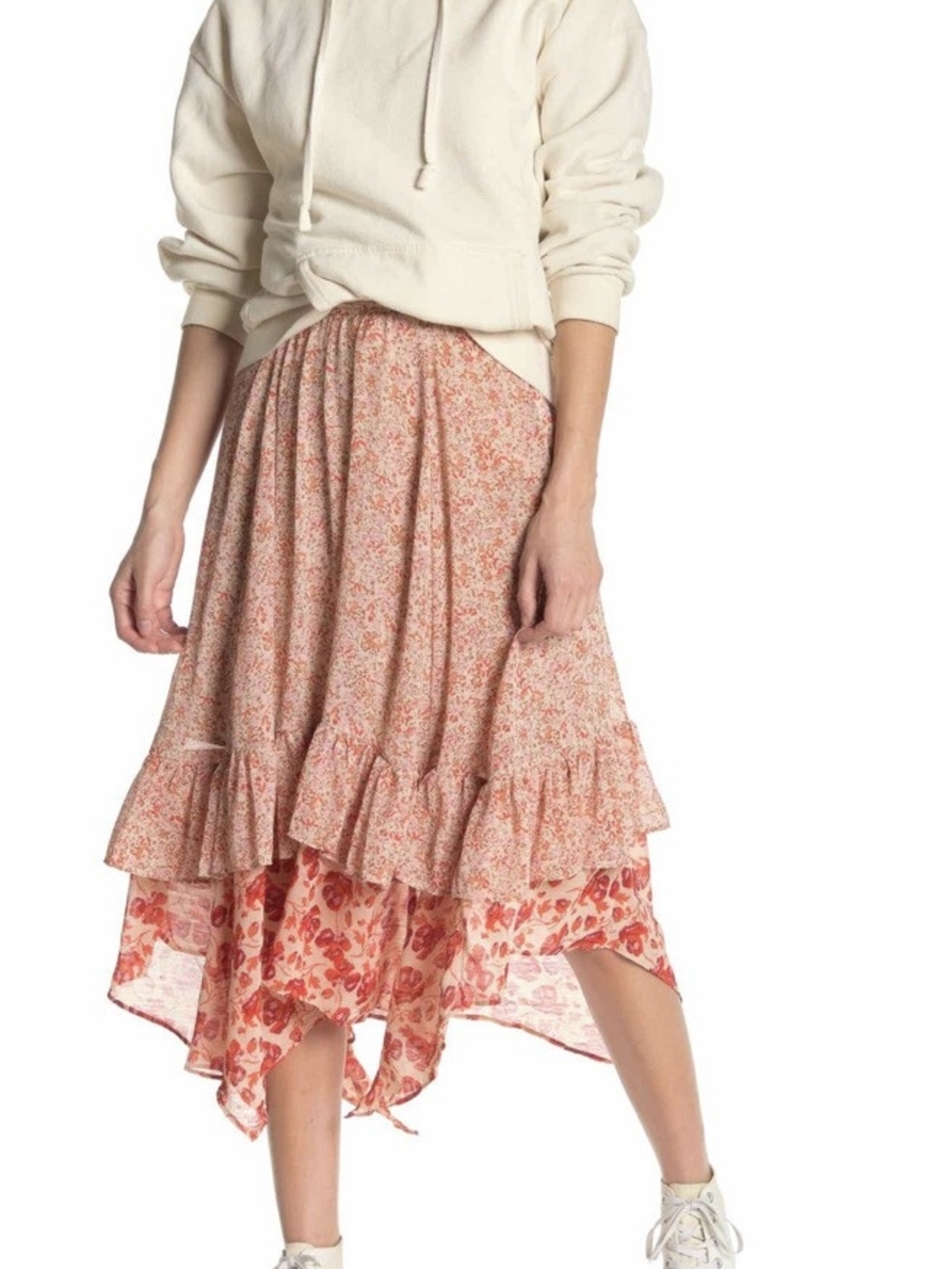 FREE PEOPLE Floral Tiered Handkerchief Hem Midi Skirt - Peach Floral - Picture 2 of 6